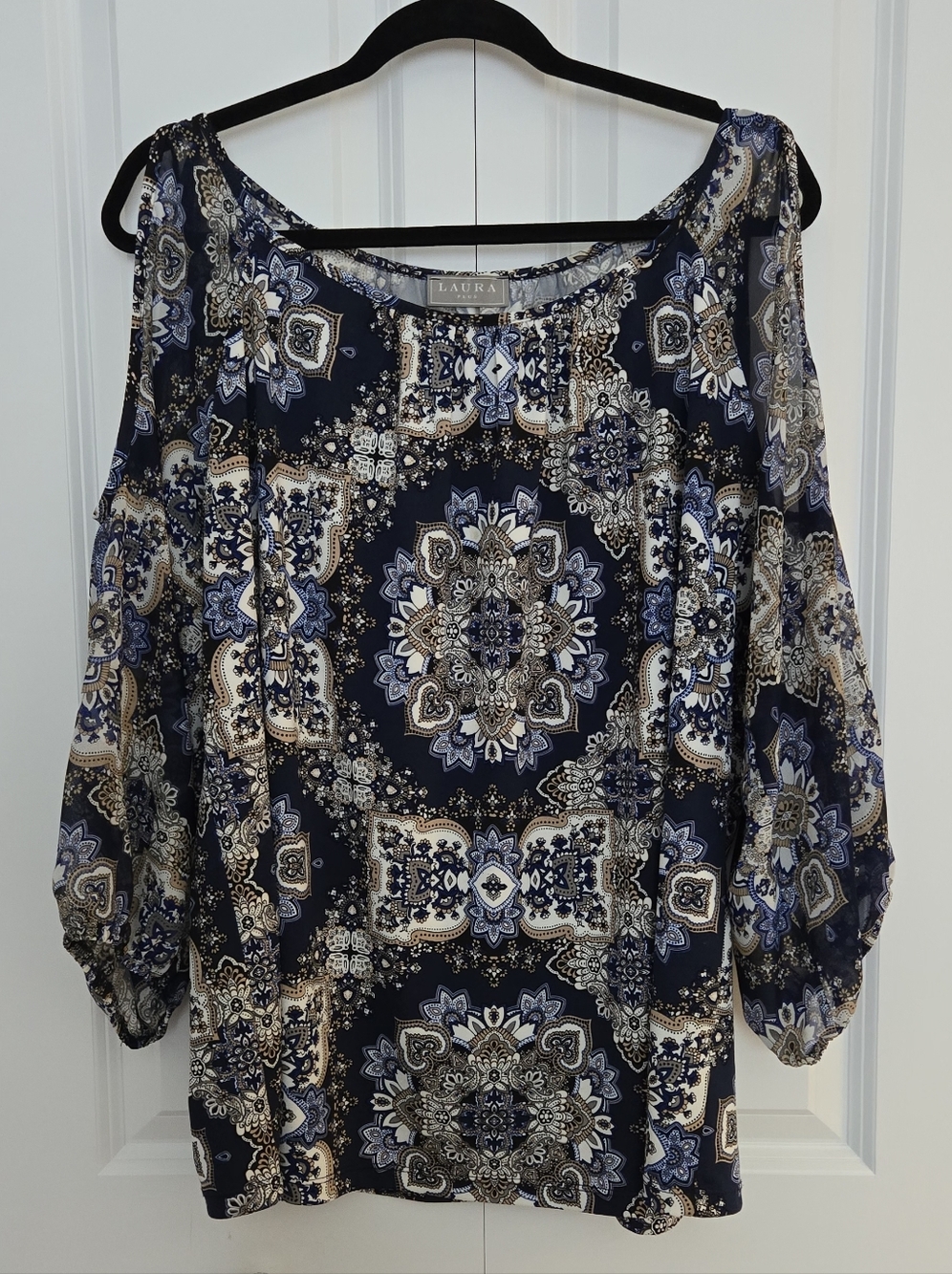 Laura Cold Shoulder Long Sleeve Navy Medallion with Tan Accents Top